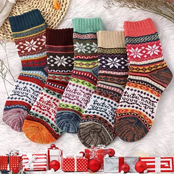 5 чифта Зимни мъжки чорапи Сгъстяване на овчи вълнени чорапи Топли жени ретро стил цветни модни чорапи за сняг ботуши