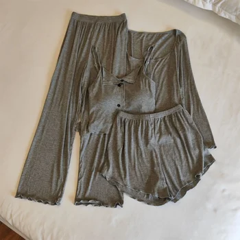 4PC Спално облекло Пижами Комплект Жени Секси Cami&Short&Pants&Bathrobe PJS Sleep Suit Пролетно нощно облекло Пижами Домашни дрехи
