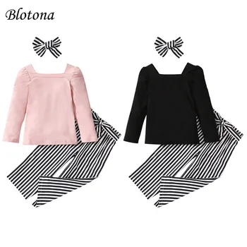 Blotona Детски момичета дрехи комплект дълги ръкави пуловер върхове и вертикални райе панталони с колан лента за глава есен екипировки 3-7 години
