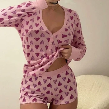 Сърце печат жени пижама комплект дълъг ръкав v-образно деколте бутон затваряне тениска с къси панталони спално облекло шезлонги 2023 мода