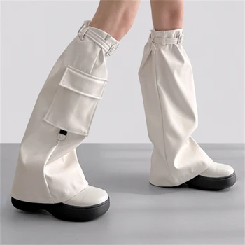 Punk Pu Leathers Подгряващи крака за жени момичета Harajuku коляното високи чорапи крак капак